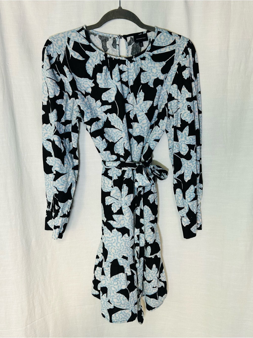 Who What Wear Linen Black Dress with‎ Light Blue Floral Print and Tie Waist